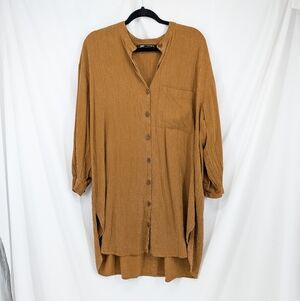 Zara Oversized Brown Button-Up Tunic Top Dress Large Lyocell Neutral Minimalist